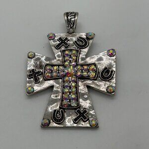 Silvertone Cross Pendant Pearl Enhancer Arurora Borealis Horseshoe Southwestern